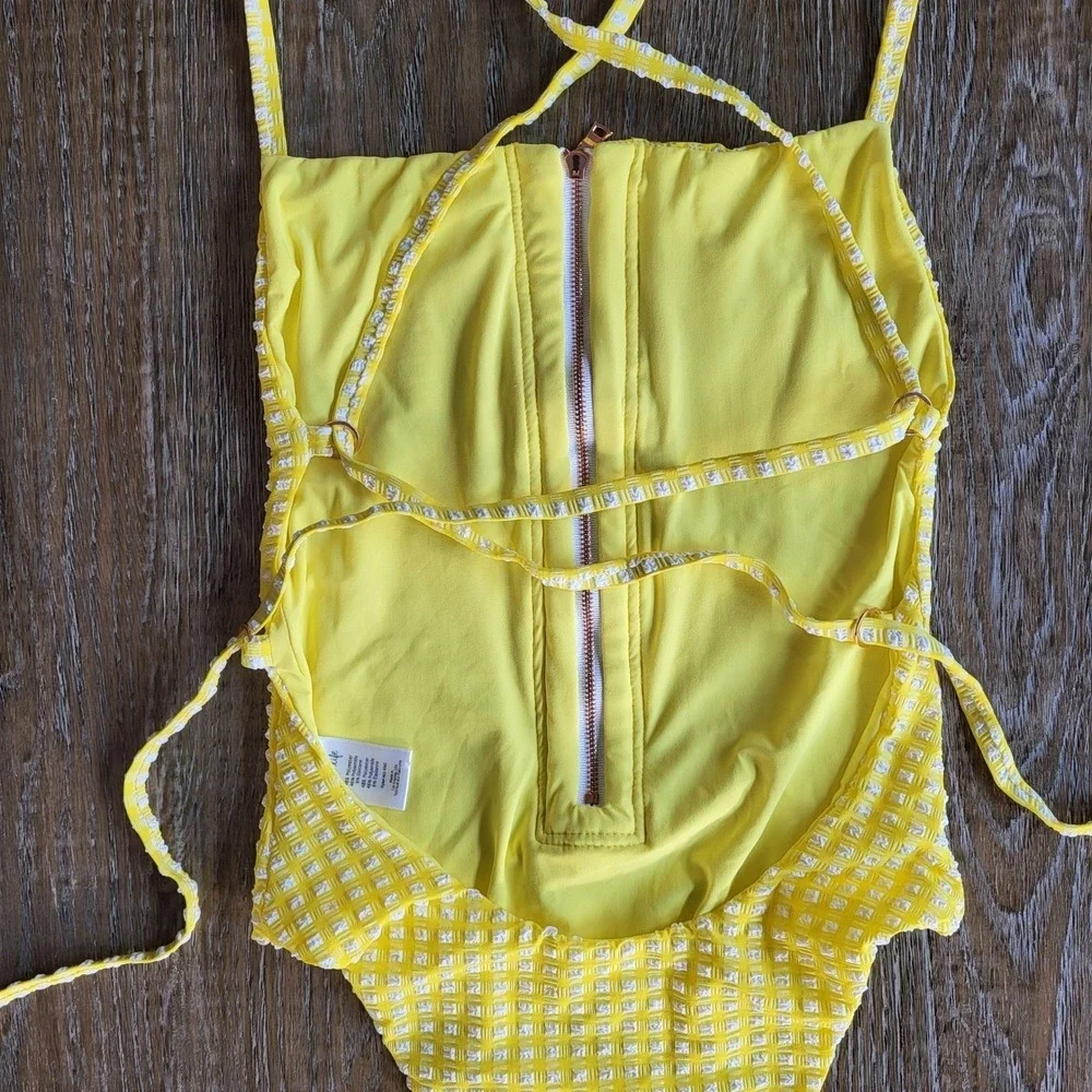 Blue Life Yellow Gingham Textured Zip Front One Piece Swimsuit Small Tie Back
